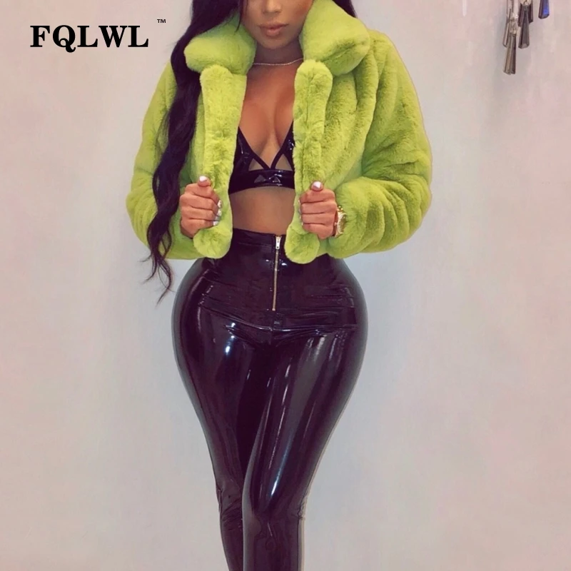 FQLWL Fluffy Faux Fur Coats Women Solid Furry Teddy Turn Down Collar Cropped Jacket Fur Female Overcoat Winter Warm Outerwear
