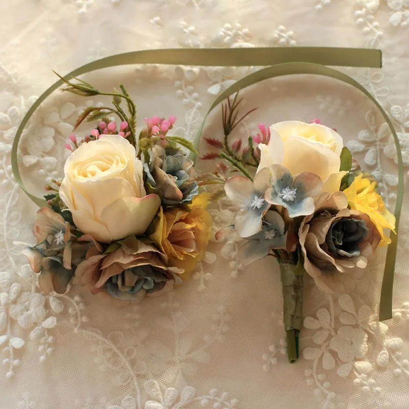 1 шт. корсаж на запястье цветок Роза шелковая лента невесты ручной декоративный
