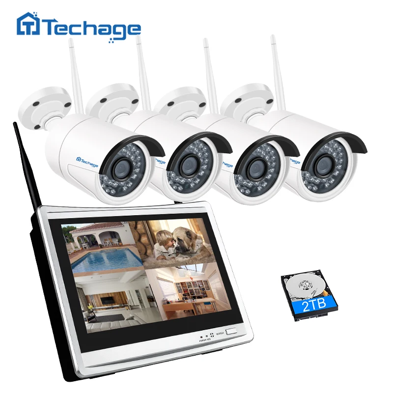 Беспроводная камера видеонаблюдения Techage 4 канала 1080 P 12 дюймов ЖК монитор NVR МП Wi Fi
