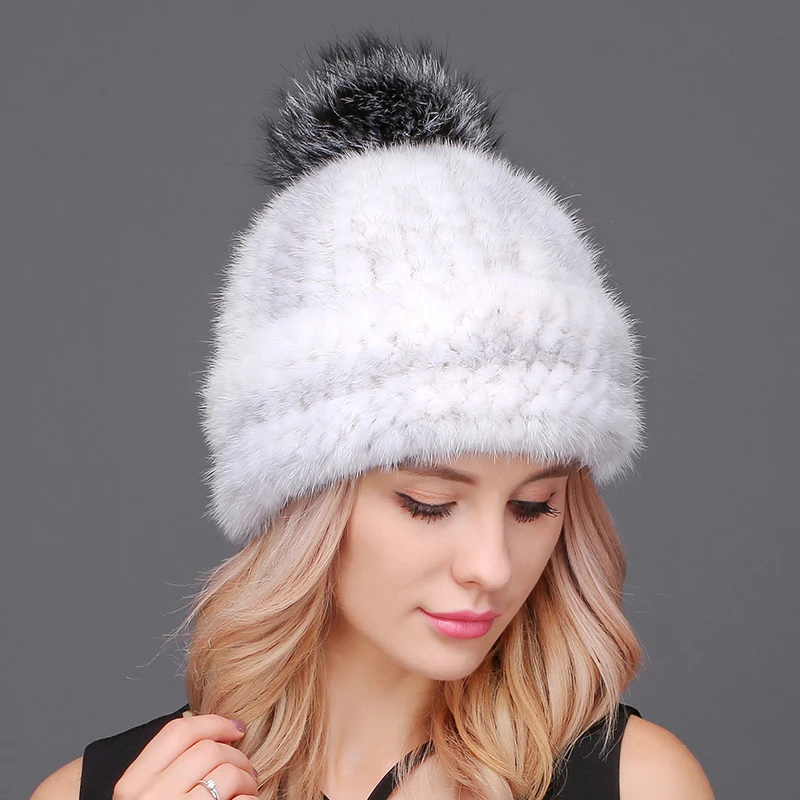 100% норковая шапка с меховым помпоном вязаные шапки из меха норки шапочки