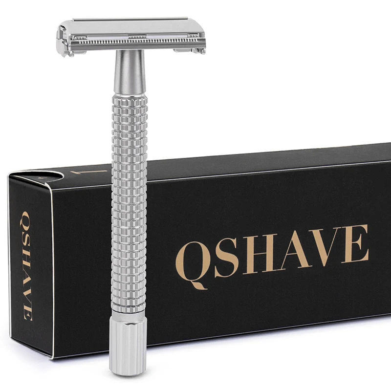 Classic Safety Razor Silver Color Long Handle Butterfly Open, 1 Handle & 5 Blades