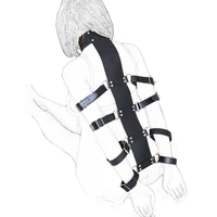 camatech pu leather lock neck collar to arm bondage adjustable hand wrist cuffs straps belt restraint body bound harness sex toy