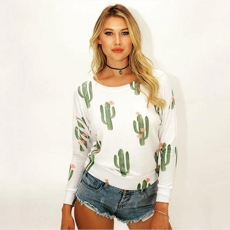 Z &amp koze Мода 2017 г. кактус печати Футболка Для женщин с длинным рукавом
