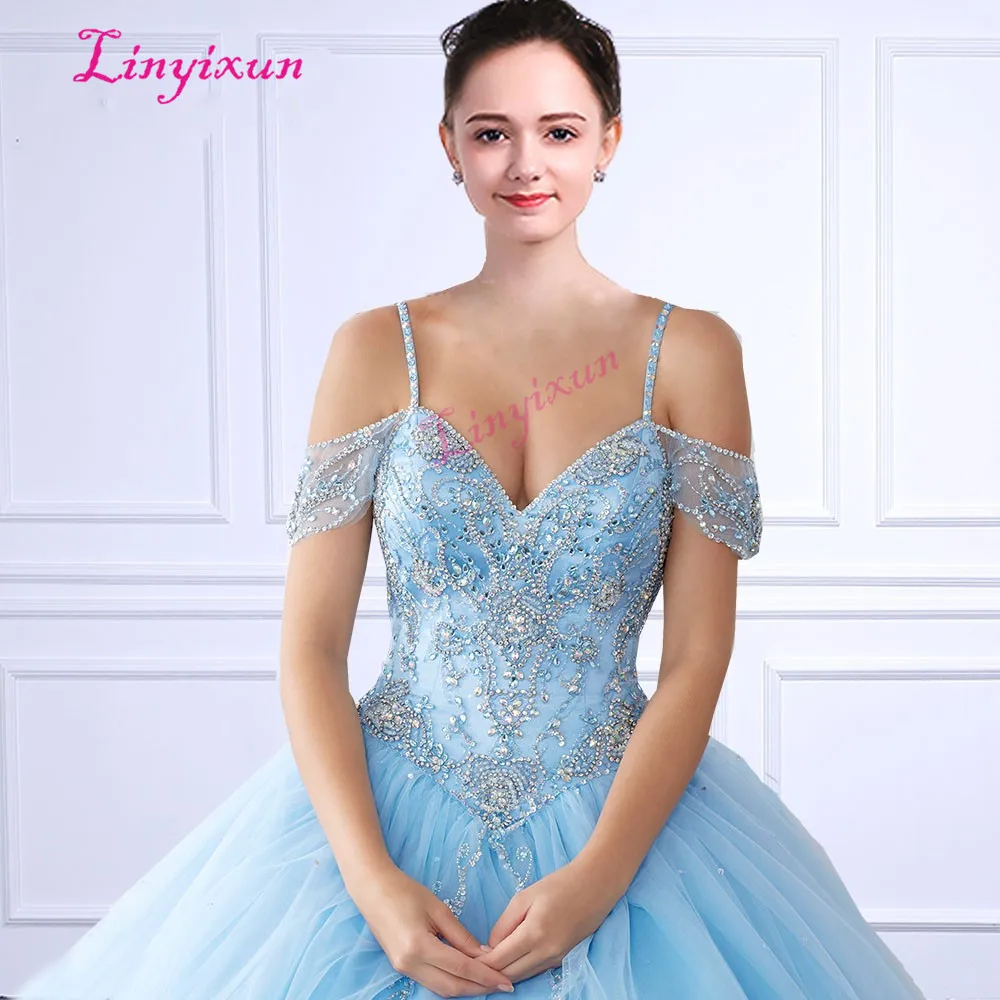 Linyixun Тюлевое бальное платье Quinceanera платья с кристаллами бисером розовое милое 16