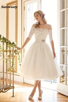 elegant laceorganza off the shoulder boat neckline half sleeve tea length vintage bridal dress for wedding vestido de noiva