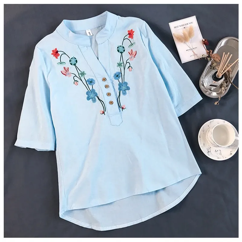 

2018 Lovely Girls Female Blouse Summer Comfort Cotton Linen Clothing Ethnic Floral Embroidery Shirt White Casual Loose Irregular
