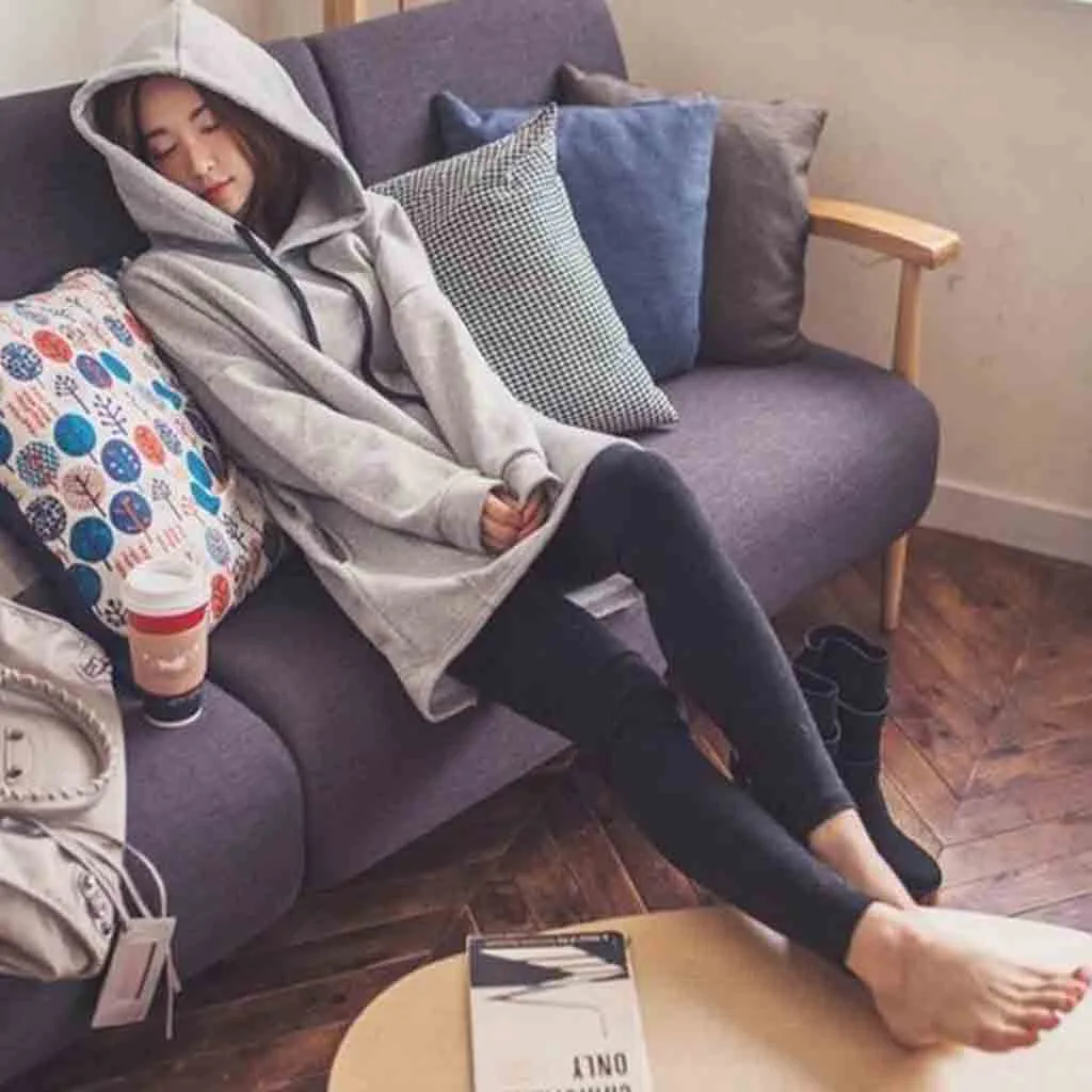 Длинные женские одноцветные толстовки с капюшоном длинным рукавом размера плюс