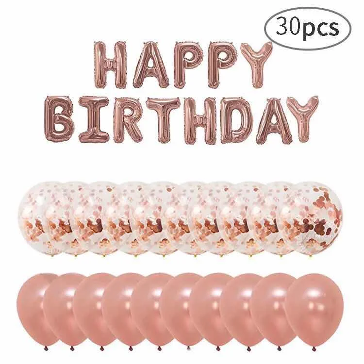 30pcs 16 дюймов фольгированные буквы с днем рождения баннер шар розовое золото конфетти балоны/латексные балоны, декоративные шары для дня рождения детей/взрослых - Цвет: 30pcs