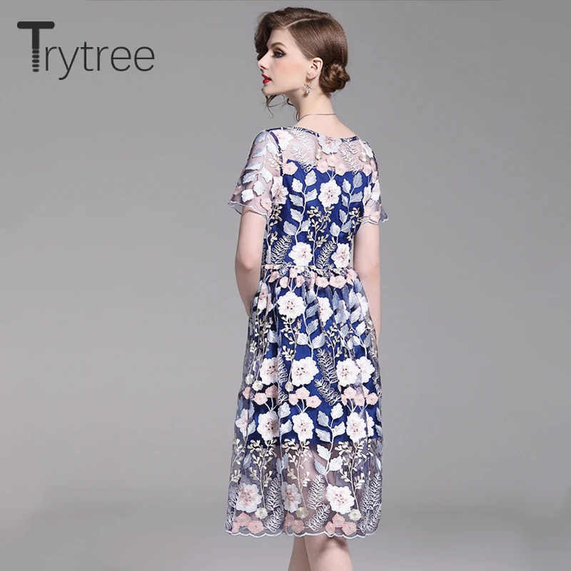 Trytree 2019 летнее повседневное Цветочное платье с вышивкой и О-образным вырезом из