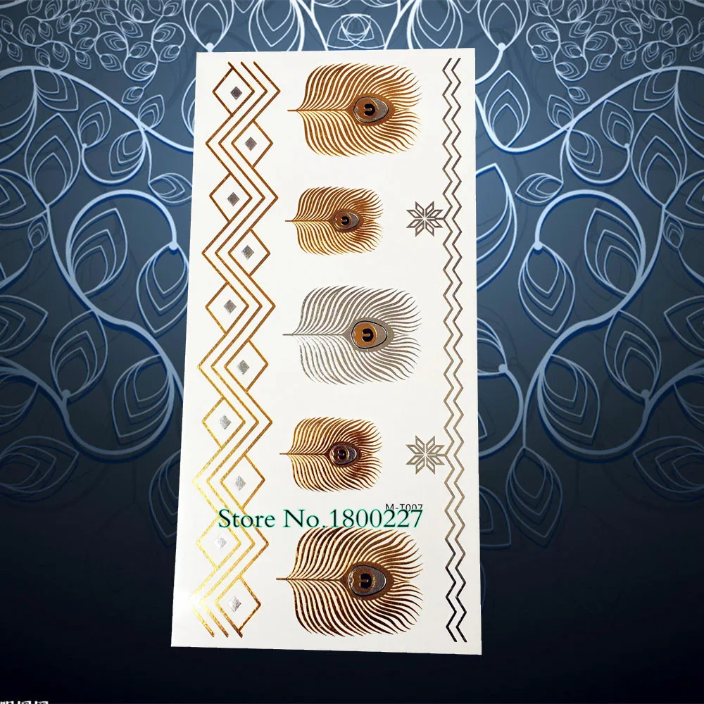 Павлин перо красный годл металлик водонепроницаемый хна татуировки наклейки