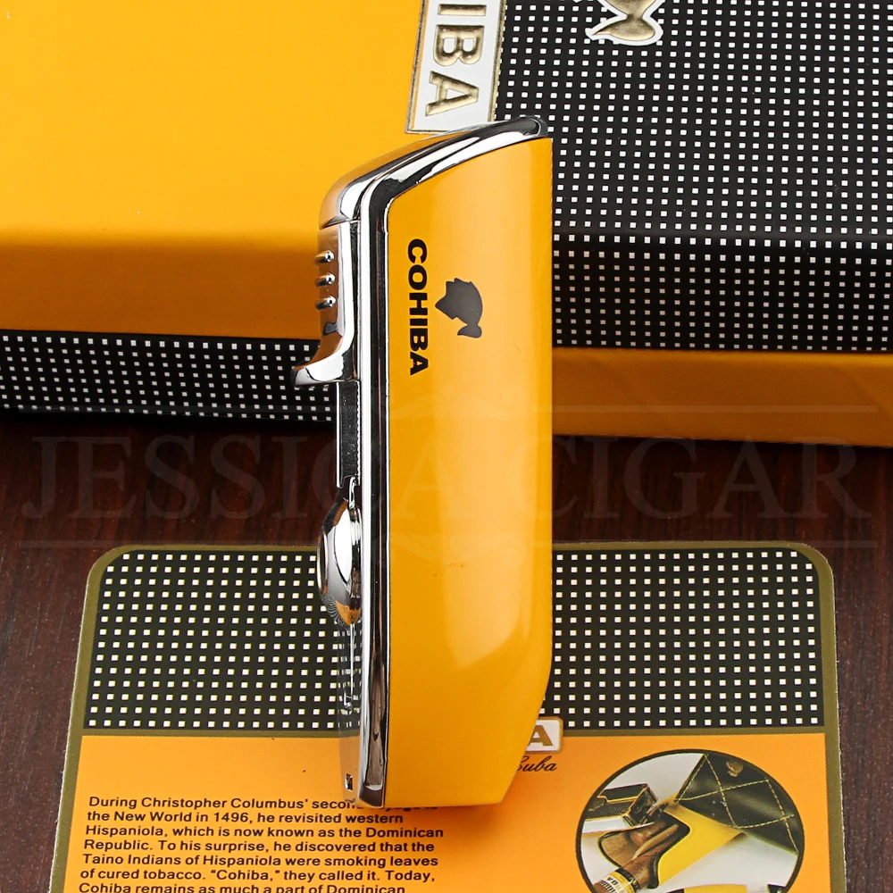 COHIBA металлическая ветрозащитная Мини карманная сигарная зажигалка, 3 струйный синий фонарь, зажигалки для сигарет с сигарой, подарочная коробка