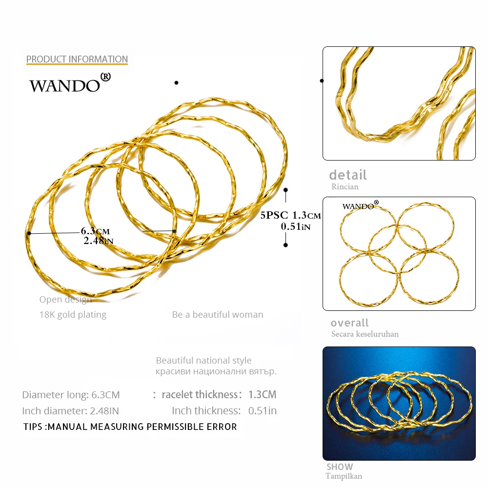 Wando 5 шт./лот золотые браслеты для женщин эфиопские свадебные круглые Арабские