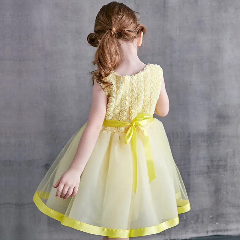 Pink Yellow Lace Mesh Flower Girl Dress KneeLength Round Collar with Rcued Bow Summer Clothes for 2 to 6 Years Children | Детская одежда