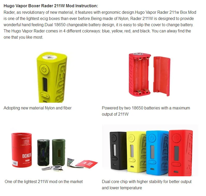 Оригинальный HugoVapor данныхhtc Rader 211 Вт Box Mod V2.0 электронная сигарета fit Двойной 18650