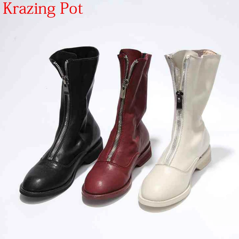 

2021 Superstar Genuine Leather Brand Winter Shoes Women Motorcycle Boots Zipper Round Toe Runway Keep Warm Mid-calf Boots L18