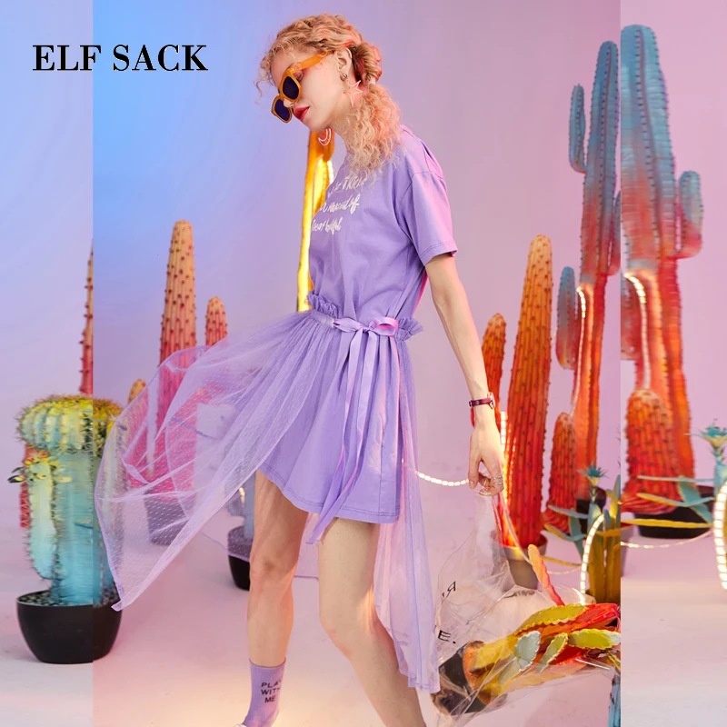 ELFSACK, новое летнее женское платье с буквенным принтом, Кружевное Платье трапециевидного силуэта с круглым вырезом, женское стильное обтягивающее платье до середины икры