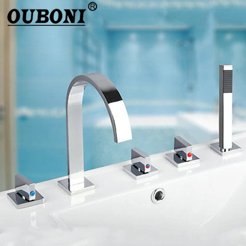 

OUBONI New Arrival 3 Handles Taps Bath Tub 5PCS Chrome Faucet Basin Sink Mixer Taps With Sprayer Bathroom Set