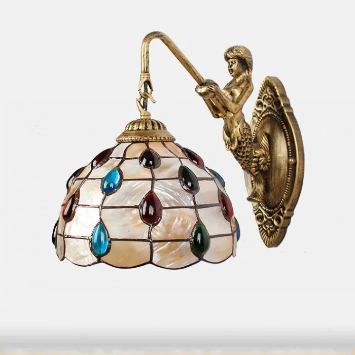 

Modern pastoral tail Shell Mermaid LED Wall Lamp 8 inch Mediterranean Tiffany Mirror Front Wall Light Home Indoor Lighting