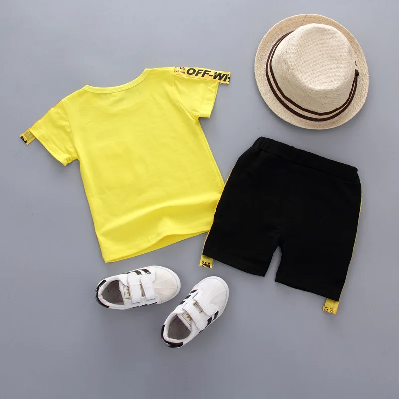 Summer Yellow Casual Children Sets Version 1-4 Years Boys T-shirts and Shorts Baby Letter Pocket Short-sleeved | Детская одежда и