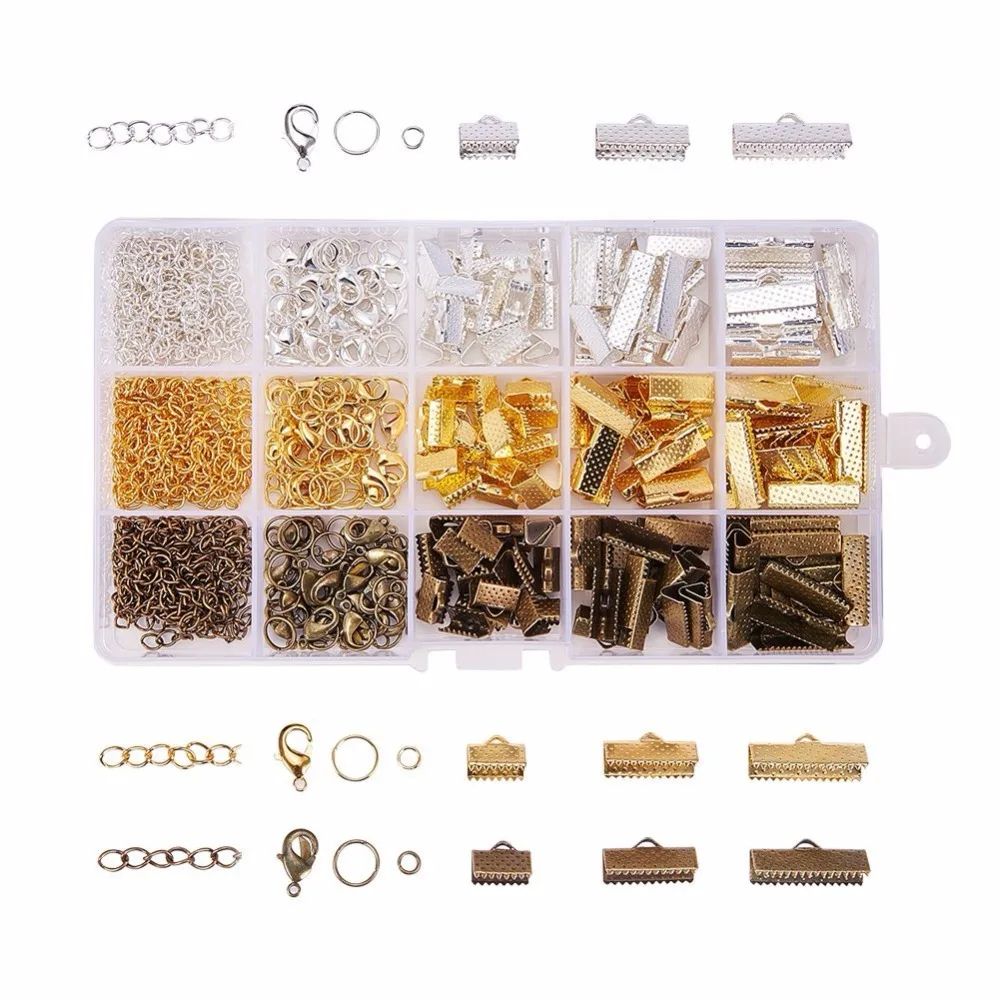 

About 420Pcs/Box Lobster Claw Clasps Jump Rings Ribbon Ends Cord Twist Extender Chains Mixed Sizes Jewelry Making Findings