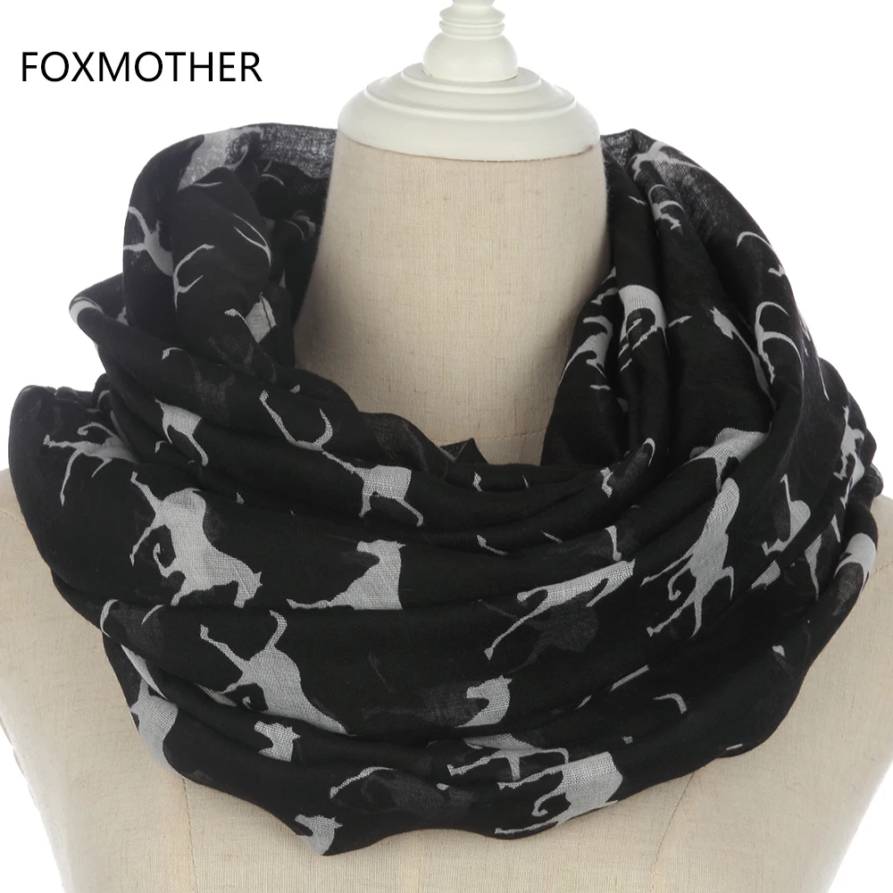Женская шаль с лошадьми FOXMOTHER черная серая темно синяя лошадьми|infinity scarf|horse infinity