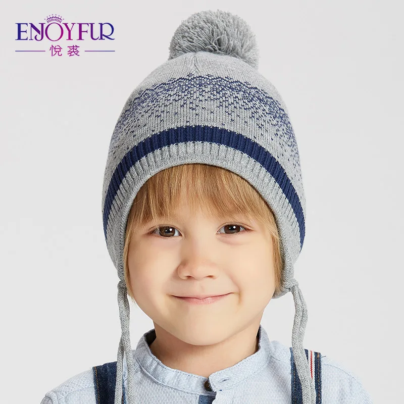 06 ENJOYFUR хлопковые зимние головные уборы для детей, шапка с натуральным лисьим мехом и помпонами для мальчиков, плотная теплая детская шапка, Осенние шапочки для мальчиков - Цвет: 06