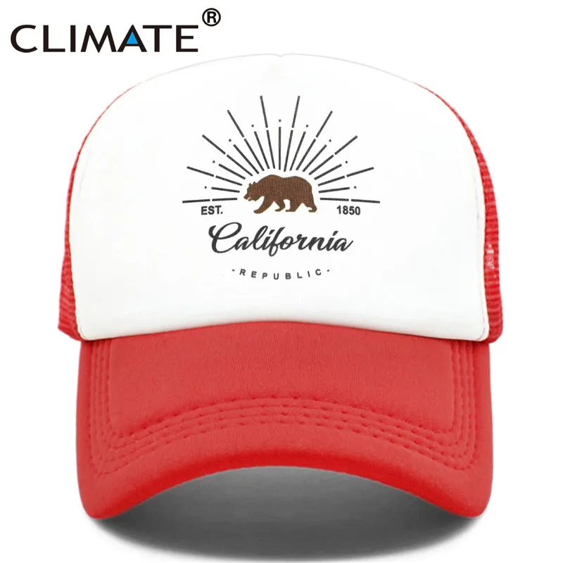 Red Cap CLIMATE California Trucker, Кепка с изображением медведя, флага California, мужская, женская, хип-хоп, забавная Кепка, бейсбольная кепка, крутая, летняя, сетчатая Кепка - Цвет: Red Cap