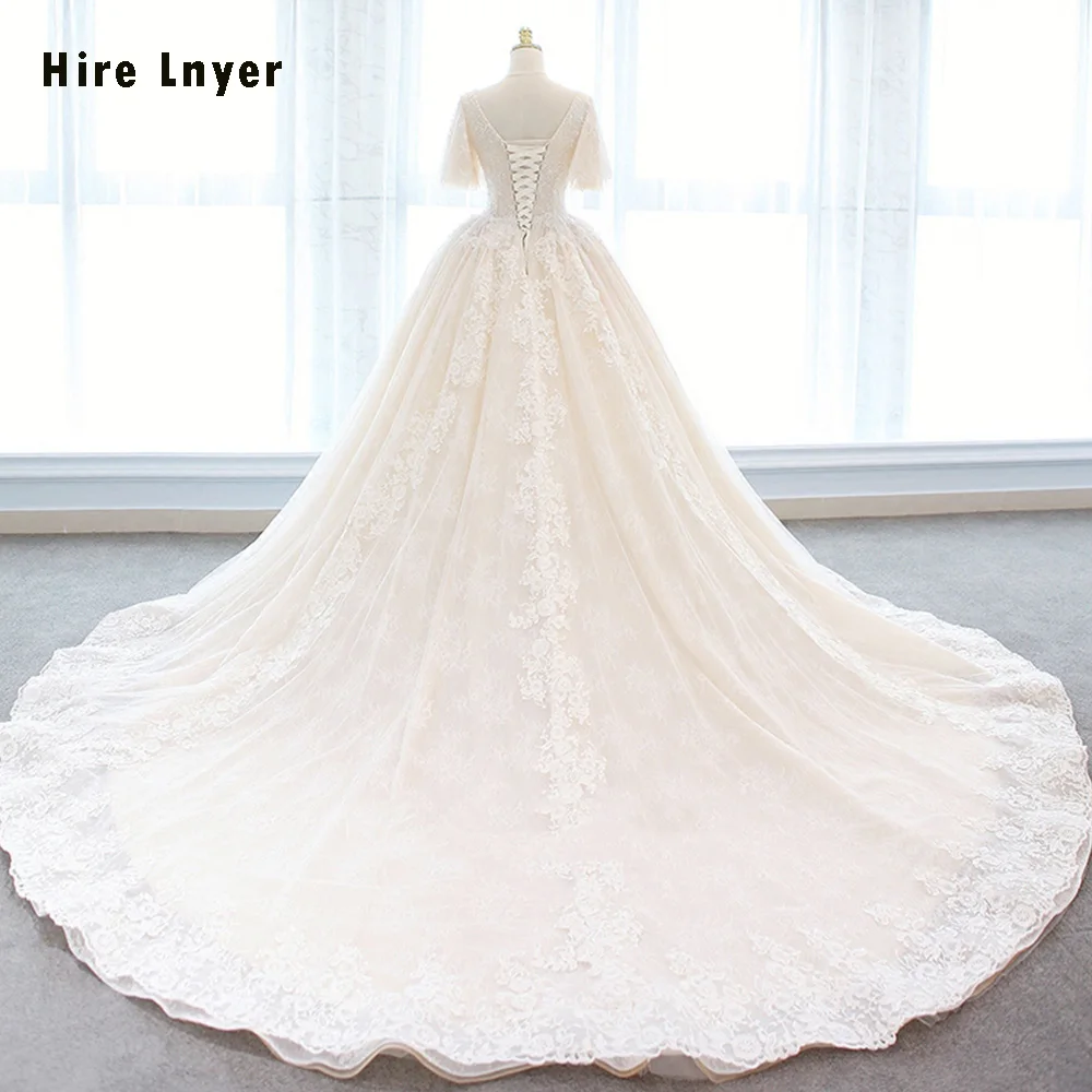Прокат LNYER Robe De Mariee короткий рукав Кружева Бисероплетение Аппликации Светло