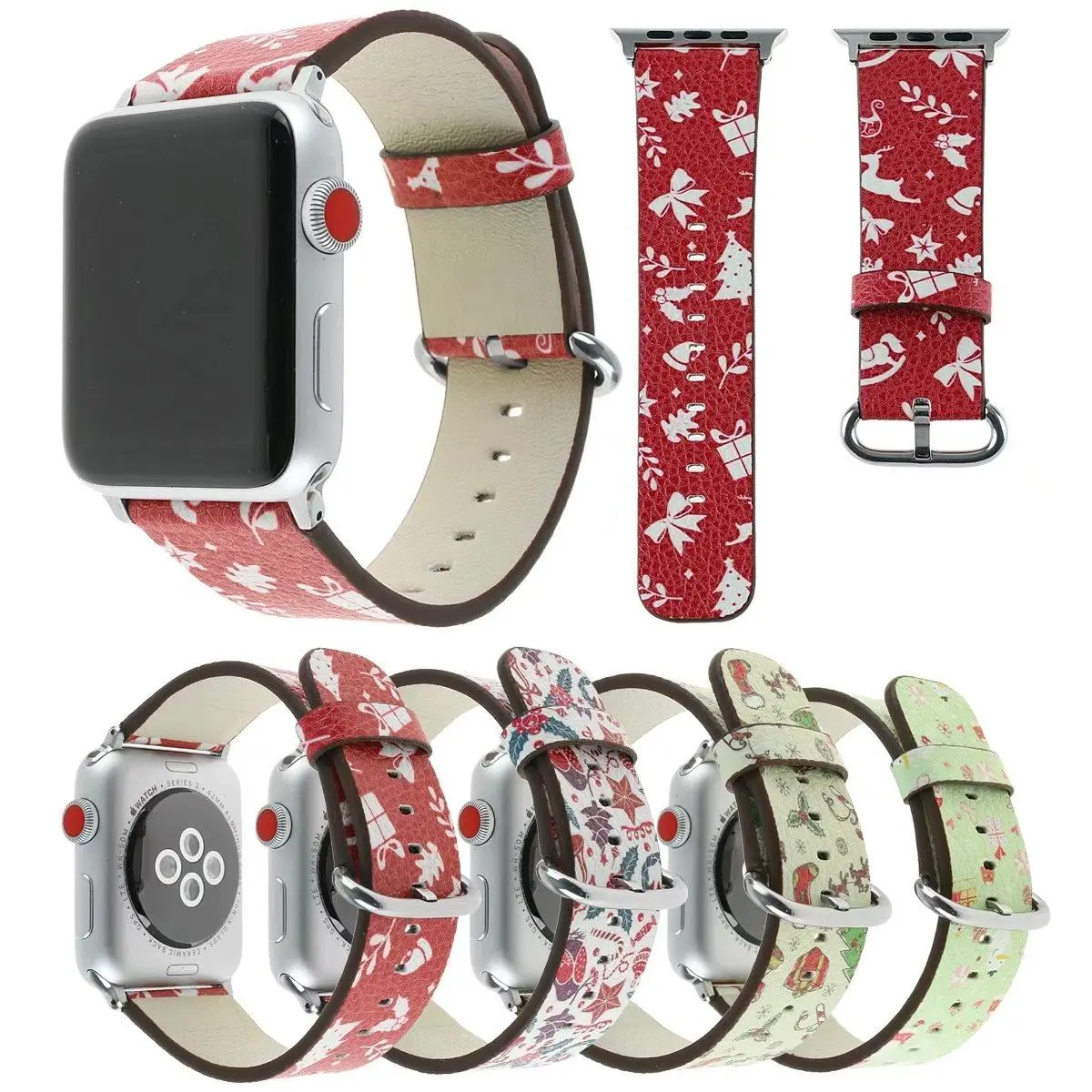 

Floral Leather Strap for Apple Watch Band Christmas Snowflake Reindeer Santa Gift Bracelet for iWatch Series 5 4 3 2 1 Watchband