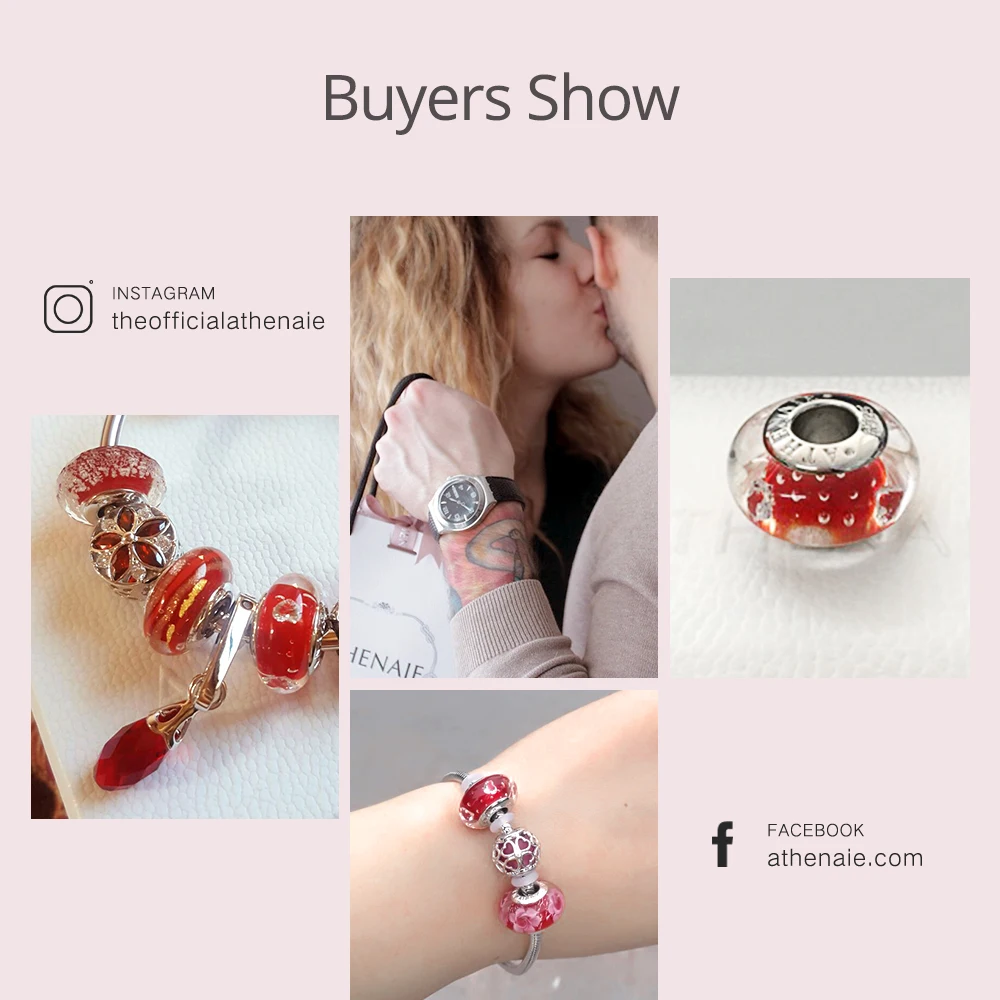 ATHENAIE Аутентичные 925 серебряные амулеты ядро Cerise стекло сердце прозрачный CZ Шарм из муранского стекла бусины подходят для европейских браслетов Цвет Красный