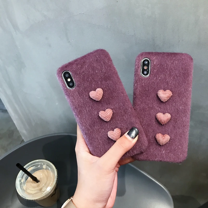 Милый модный фиолетовый пушистый чехол для iPhone xs max xr x мягкий с сердцем 7plus 7 8 plus 6s 6