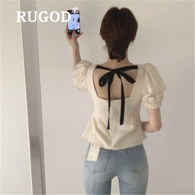 RUGOD корейский женский с пышными рукавами блузка Мода открытая спина большой бант