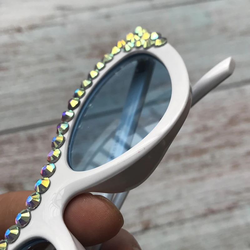 Diamond Cat Eye Womens Sunglasses White Frame Bule Lens Crystal Eyewear Female Vintage Eyeglasses UV400 | Аксессуары для одежды