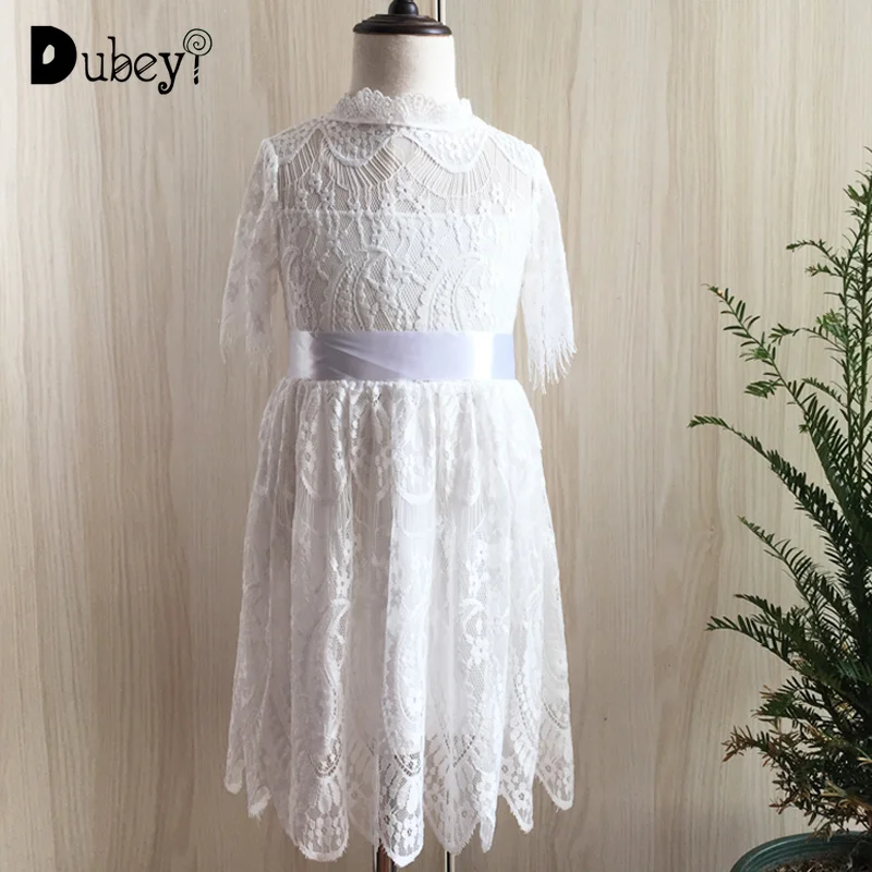Girls white soft lace dress vintage children half sleeve hallow out flower girls fashion kids tassels princess vestido | Детская одежда