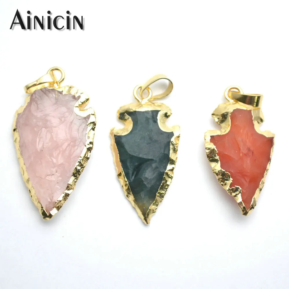 

5pcs Natural Semi-precious Stone Pink Green Orange Color Arrow Head Gold Plating Pendants 20x35mm Fashion Jewelry