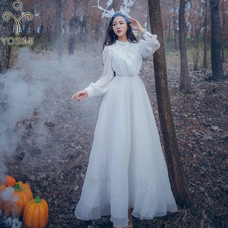 Женское длинное платье YOSIMI винтажная туника белого цвета с длинным рукавом и