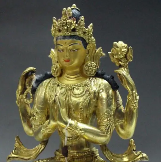 S5364 9 &quotТибет Буддизм Бронзовый 24 К Золото 4 Руки arms Ченрезиг Kwanyin Статуя Будды |