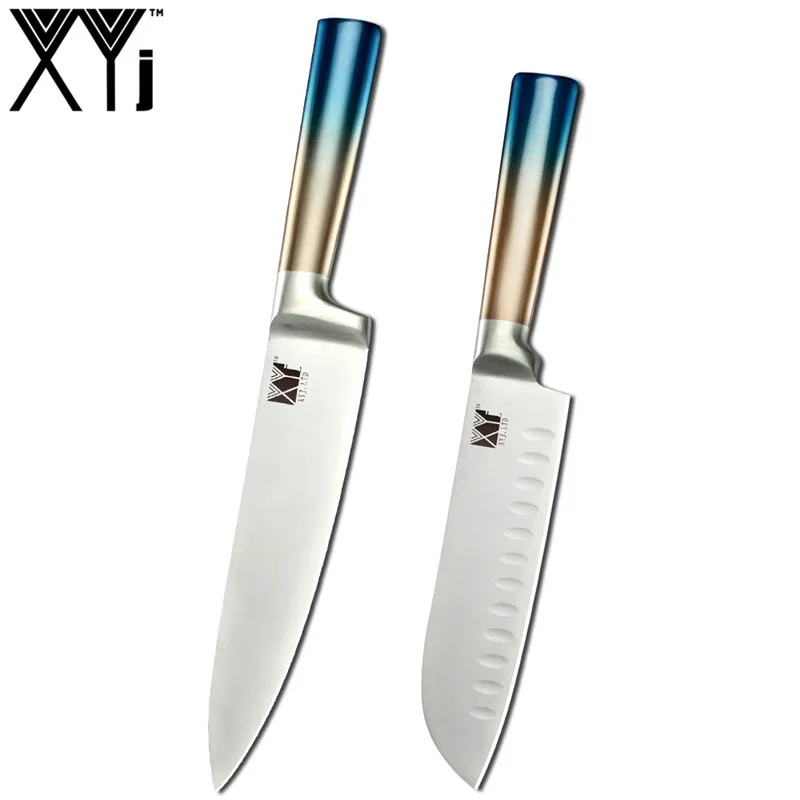 2pcs set XYj набор кухонных ножей из нержавеющей стали градиентная синяя ручка интегрированный дизайн нож шеф-повара 8 ''Держатель ножей ножницы инструменты для приготовления пищи - Цвет: 2pcs set