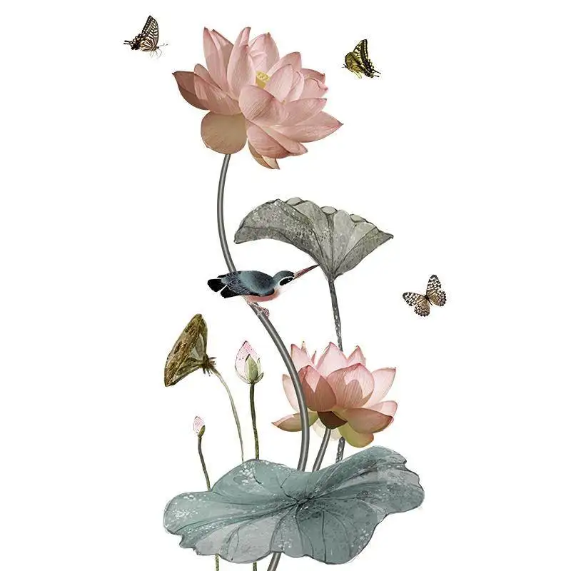 Наклейки в китайском стиле с цветами лотоса и бабочками декор для гостиной