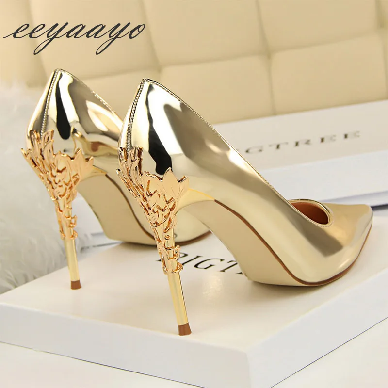 

2019 New Spring/Autumn Women Pumps High Thin Heels Pointed Toe Metal Decoration Sexy Evening Party Women Shoes Gold High Heel