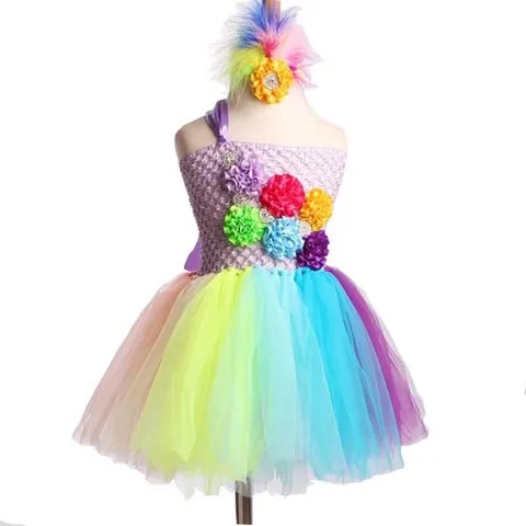 Радужное платье-пачка для маленьких девочек, праздничное пушистое детское платье с повязкой на голову, костюм для первого дня рождения TS092