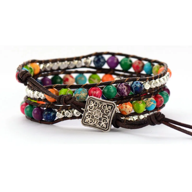 Женские браслеты с бусинами из натурального камня кожаные ручной работы