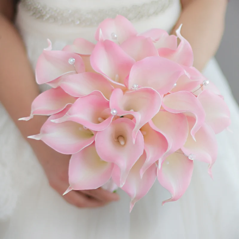 Pink Calla Lily JaneVini Королевский Синий Розовый Свадебный букет водопад Кристалл Искусственные цветы белый свадебный жемчужный букет невесты Флер Mariage - Цвет: Pink Calla Lily