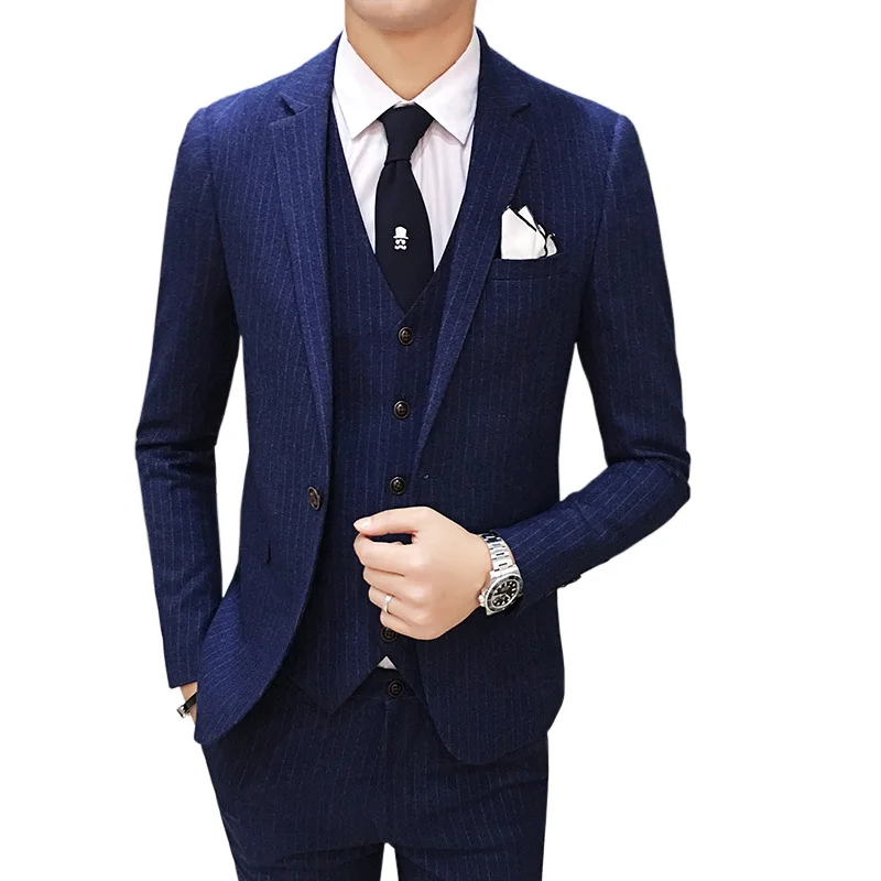 

Mens Slim Fit Suit Blazer Jacket Vest & Trousers 3-Piece Suit Set Male Striped Business Dress Ropa Hombre Formal