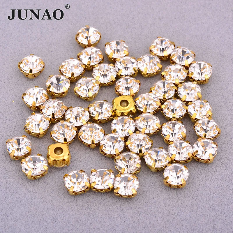 JUNAO 6 7 8 10 мм швейная фотоаппликация золотые плоские драгоценные камни