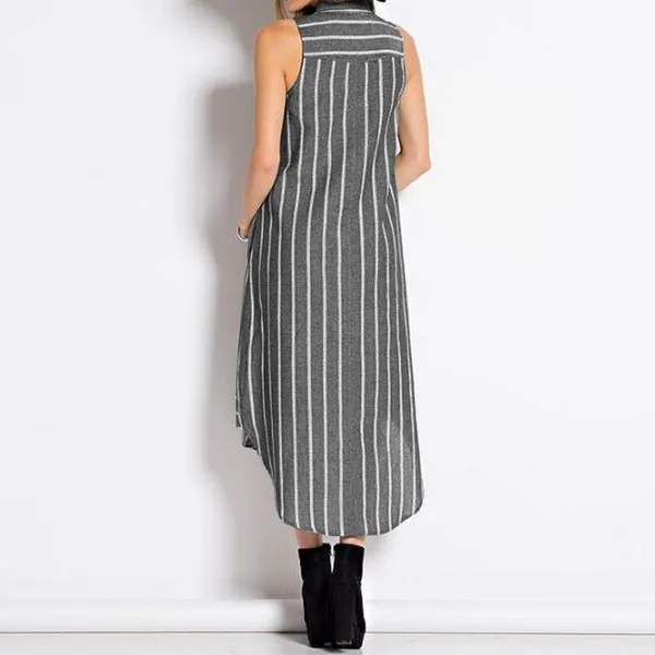 2019 Fashion Women's Summer Cotton Linen Mid-Calf A-Line Dress New Casual Stripe Sleeveless Turn-Down Collar Breasted A50 | Женская