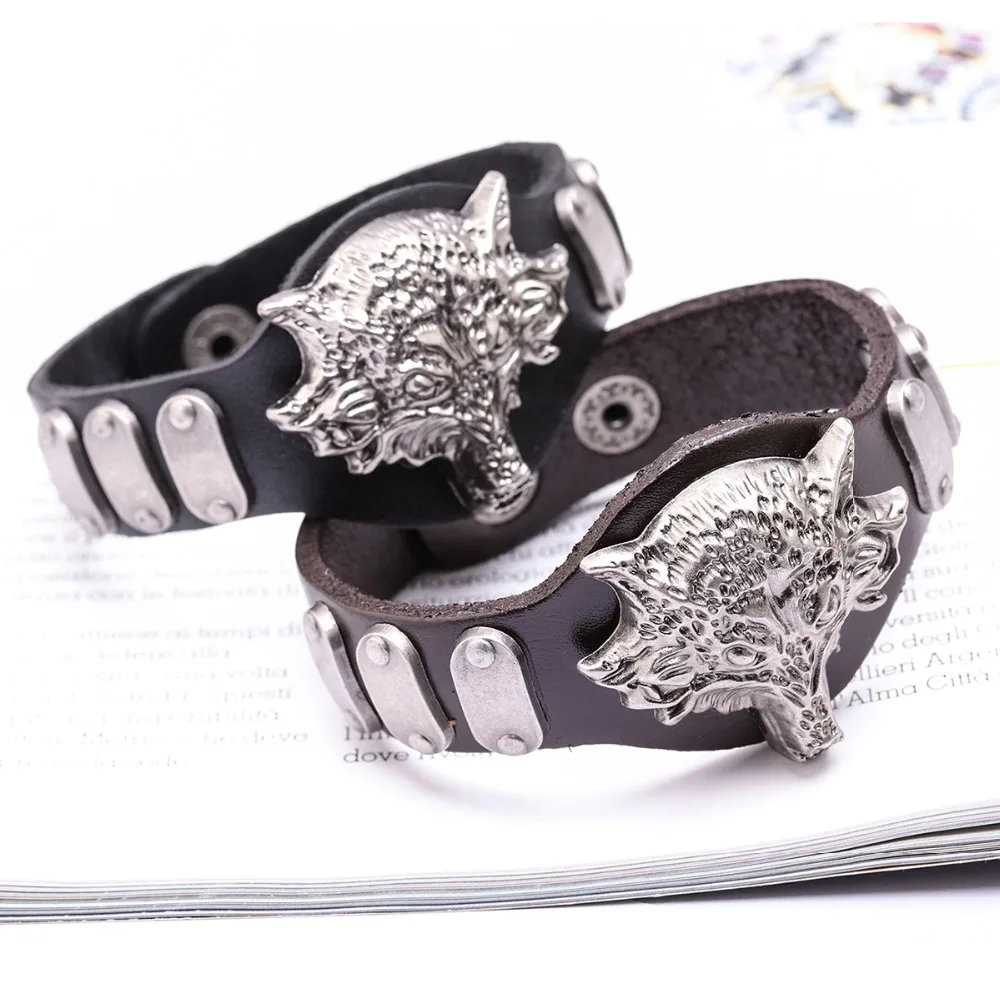 XINYAO 2019 Geunine Leather Charm Wolf Bracelet Punk Style Black Cuff Bangle Male Gothic Spike Jewelry Best Gift | Украшения и