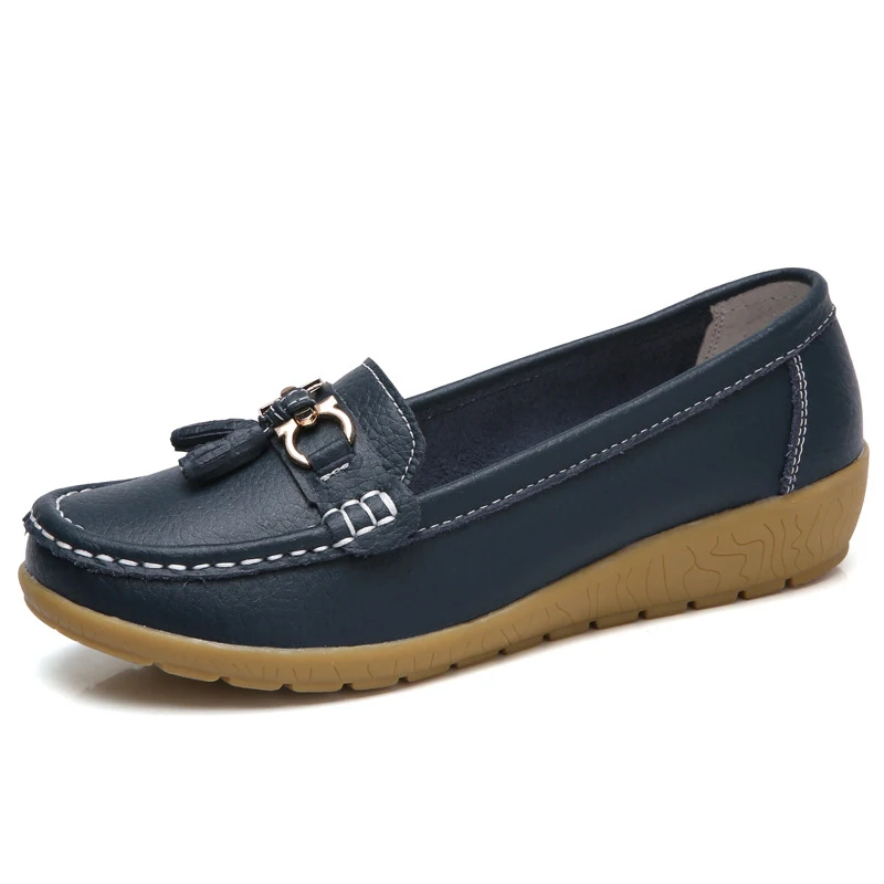 Fashion Shoes Women Genuine Leather Shoes Woman Fashion Casual Wedge Loafers Shoes Slip-on Round Toe Shoe For Women Mocasin