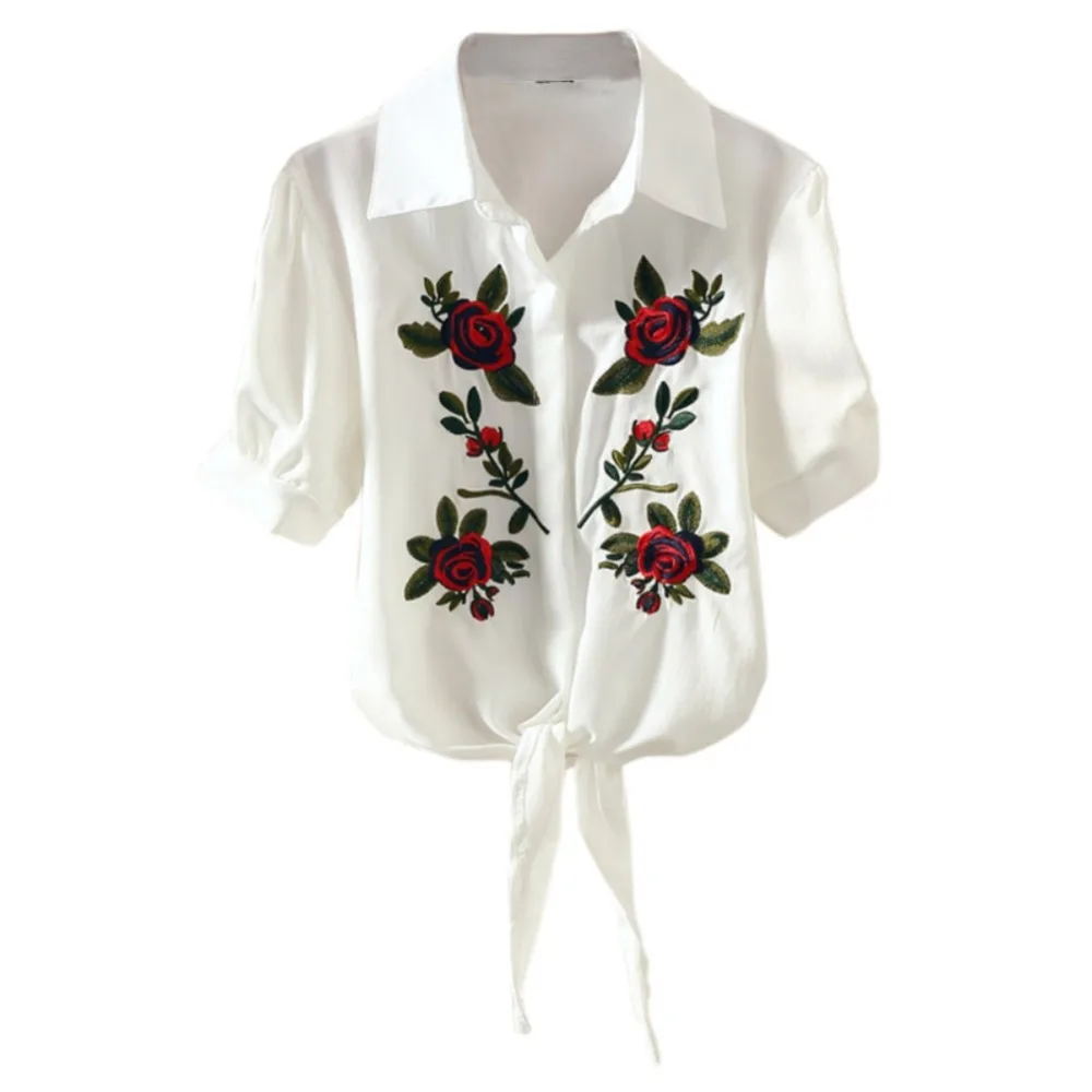 Вышивка в полоску с цветами Blusas Сексуальная женская блузка рубашка на шнуровке летние топы рубашки с отложным воротником дешевая одежда