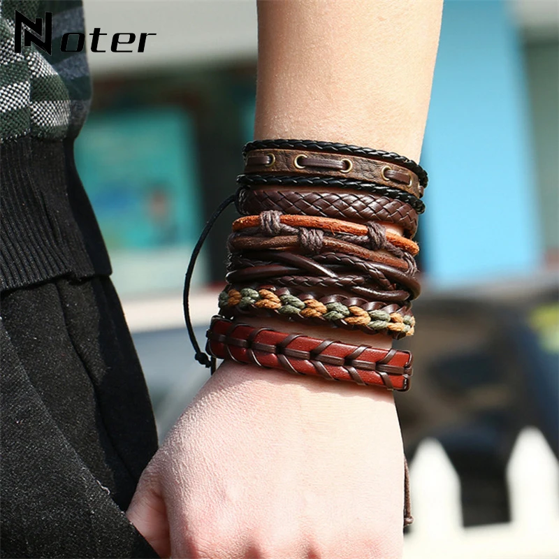 Мужской кожаный браслет в стиле панк рок 6 шт./компл. коричневый плетеный для